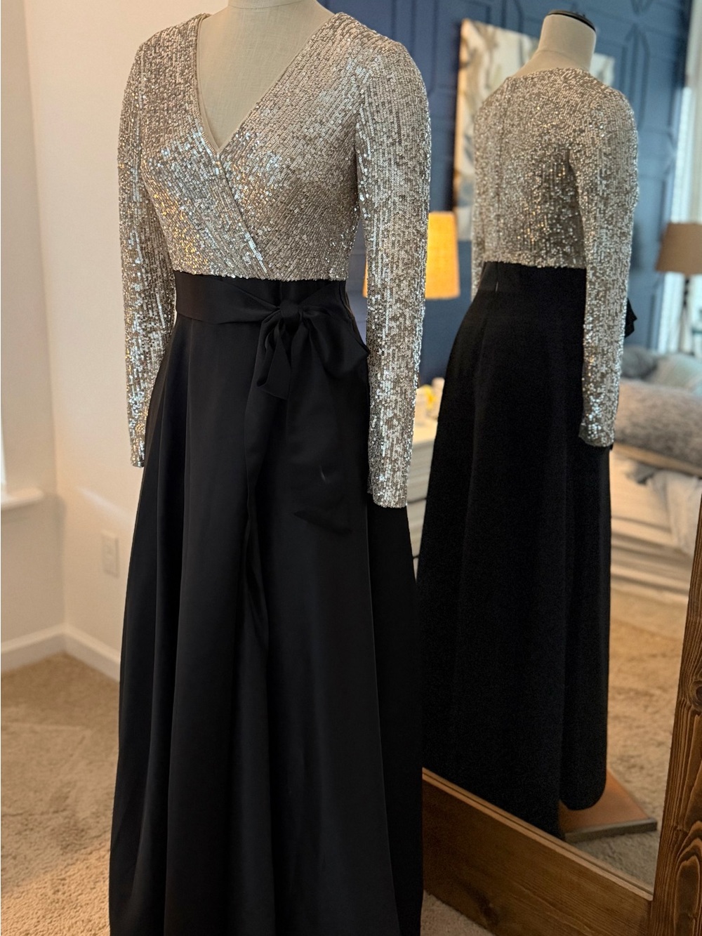 Exscape Sequin Bodice Long Black Skirt Jumpsuit - Champagne/Black